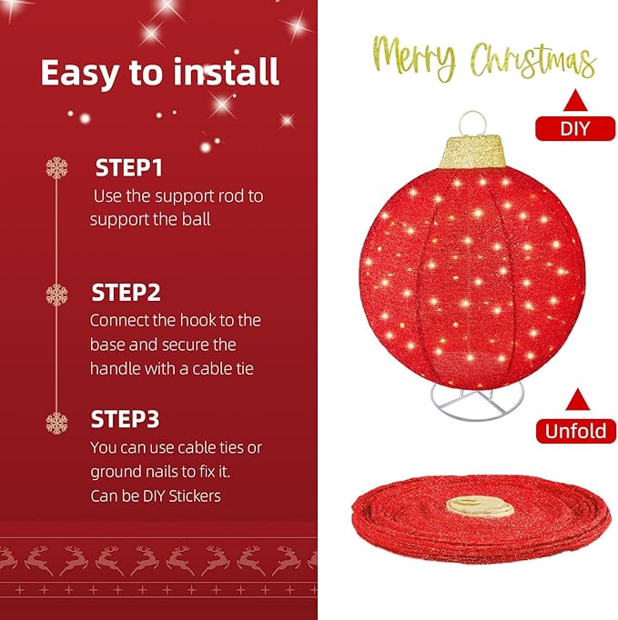 HOYECHI 4-Piece Oversized Christmas Ornament Set – Lighted Holiday Balls with 400 LEDs, 8 Lighting Modes, Waterproof Outdoor Yard Decorations - Red/Green/White/Yellow