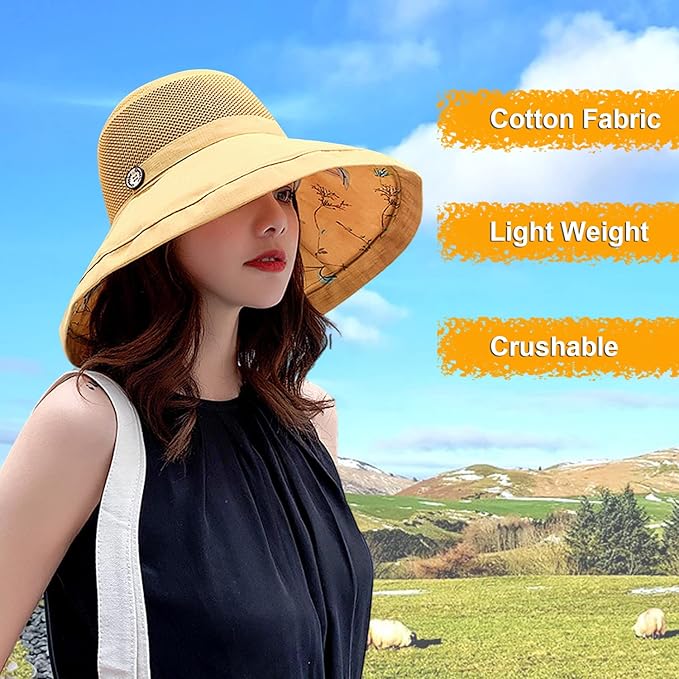 Women Wide Brim Sun Hats Metal Wired Edge Summer UV Protection Beach Fishing Hat for Hiking Garden Travel Chin Strap