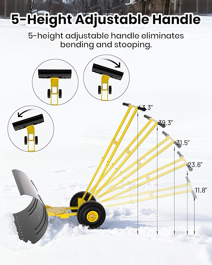 36" Snow Pusher Shovel with Wheels, Adjustable Ergonomic T-Handle Snow Plow for Driveway, Heavy Duty Wheeled Rolling Shovels for Driveway and Sidewalks with Angeled Blade