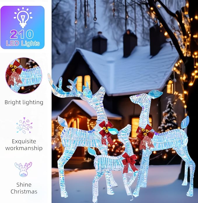 50" Outdoor Lighted Iridescent Reindeer Christmas Decorations, 3-Piece Reindeer Family Set with 210 LEDs, Ground Stakes, Durable Weatherproof Metal Frame for Yard, Garden, Indoor Holiday Decor