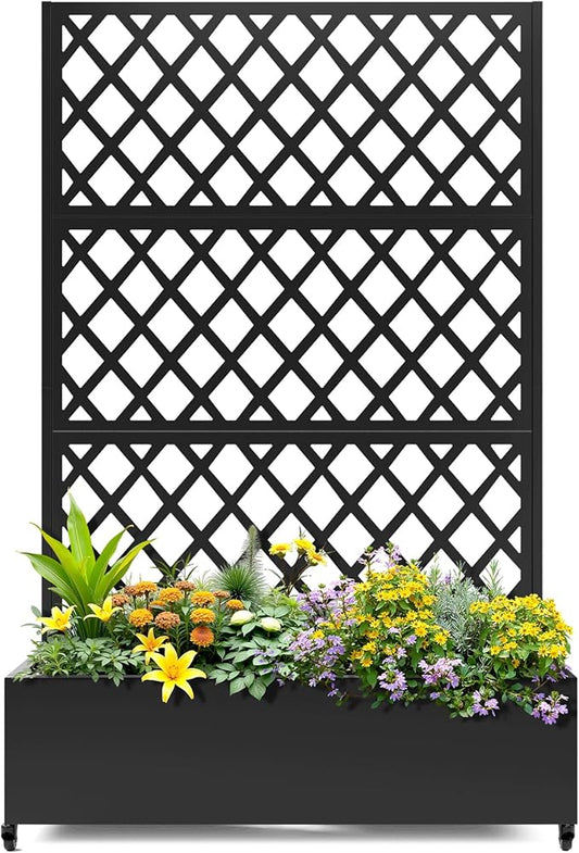 Metal Planter Box with Trellis, Planter Box with Privacy Screen, Privacy Trellis Outdoor for Climbing Plants with Drainage Holes, Raised Garden Bed with Wheels