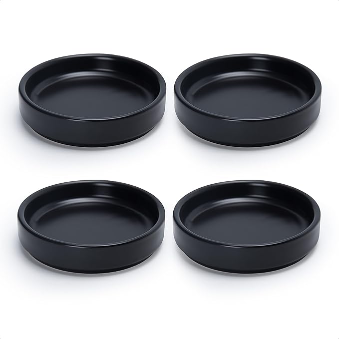 D'vine Dev Modern Round 3.7 Inch Ceramic Plant Pot Saucer, Planter Pot Drainage Tray for Indoor Plants, Set of 4, Matte Black, 97-T-B-11
