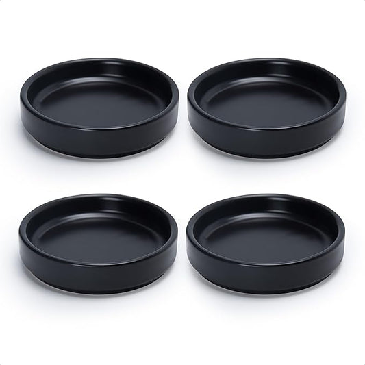 D'vine Dev Modern Round 3.7 Inch Ceramic Plant Pot Saucer, Planter Pot Drainage Tray for Indoor Plants, Set of 4, Matte Black, 97-T-B-11