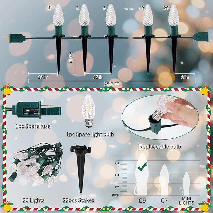 C9 Strawberry Christmas Pathway Lights Outdoor, 20 LED Warm White Outdoor Christmas String Lights with Stakes, 25.7FT Holiday Decorations for Indoor, Outside,Roofline, Backyard, Xmas Decor