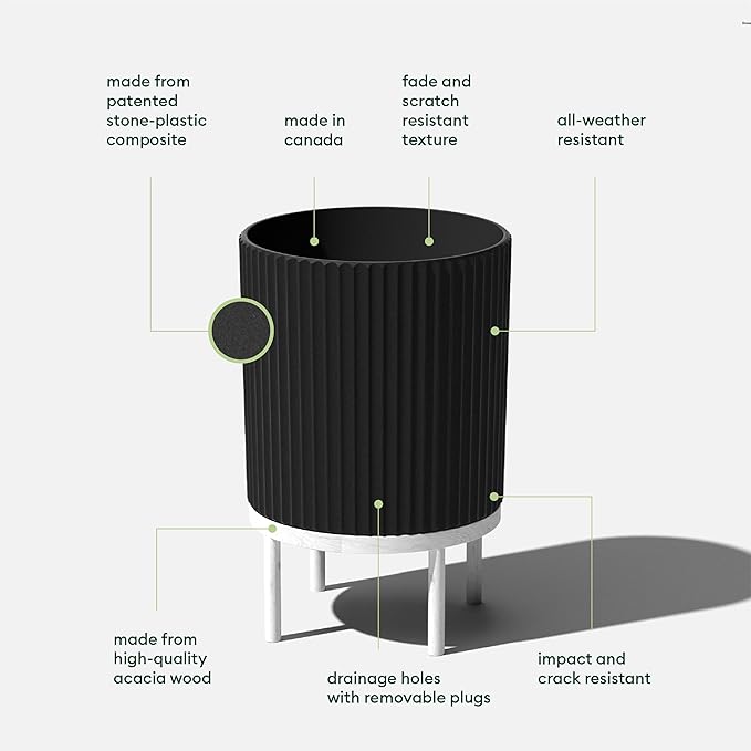 Veradek Demi Series Round Planter w/Stand for Porch/Patio | Durable Plastic-Stone Composite & Wooden Stand | Modern Décor for Tall Plants, Flowers