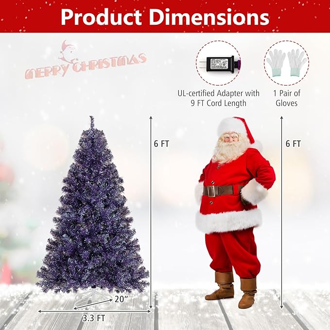 Goplus 6 FT Pre-Lit Tinsel Christmas Tree, Artificial Hinged Xmas Tree with 250 Warm White LED Lights, 8 Modes, 688 Lush Branch Tips, Metal Stand, Home Office Seasonal Holiday Decoration, Purple