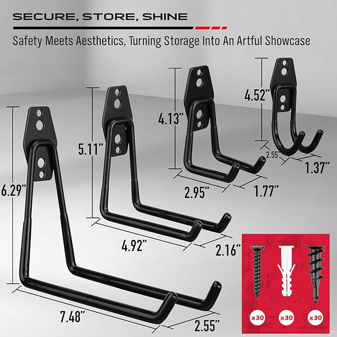 Garage Tool Storage Wall Hook Assortment Set: 15PCS Heavy Duty Large Hanger Garden Tool Organizer Ladder Bike Rack Yard Tool Holder Shed Shovel Metal Screw Organization Bicycle Steel Bracket