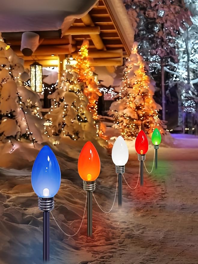 10 Pack Large C9 Christmas Decorations Outdoor Waterproof, Solar C9 Christmas Lights Outdoor with 2 Modes, Solar Pathway Lights for Outside Party Yard Lawn Patio Walkway Xmas Decoration (Multicolor)