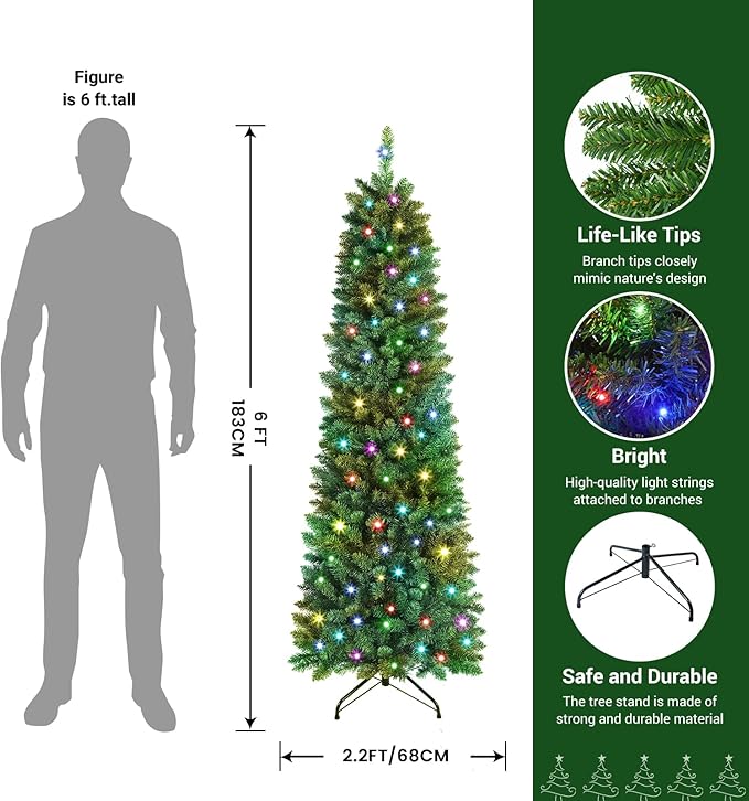 SHareconn 6.5ft Prelit Artificial Hinged Slim Pencil Christmas Tree, with Remote Controlled Multi-Color RGB Lights, Perfect Choice Decoration for Xmas Holiday, 6.5 FT, Green