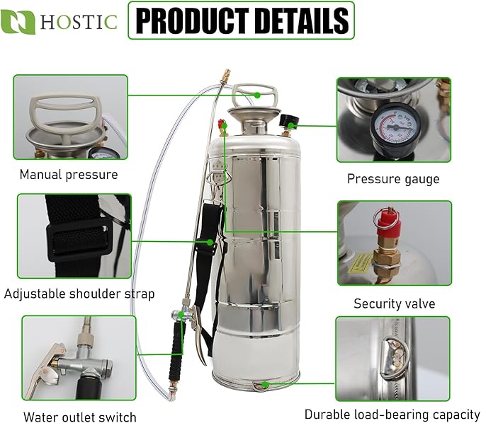 HOSTIC 1 Gallon Stainless Steel Sprayer Hand Pump Sprayer with Pressure Gauge Safety Valve Adjustable Nozzle for Gardening Lawn and Cleaning