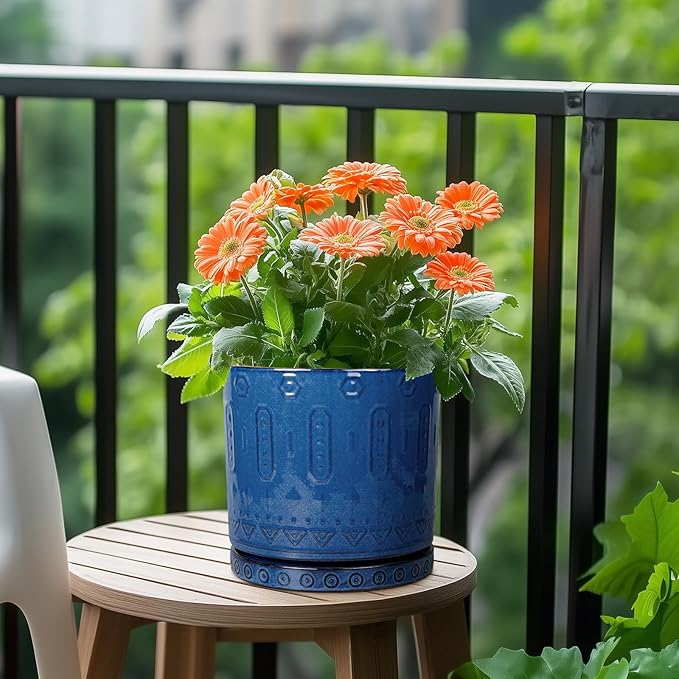 Plant Water Catcher Tray - Ceramic Plant Saucer for Outdoors 7.5 Inch Plant Pot Saucer Plant Drip Tray for Potted Plants Drainage Decorative Round Flower Pot Saucer Blue