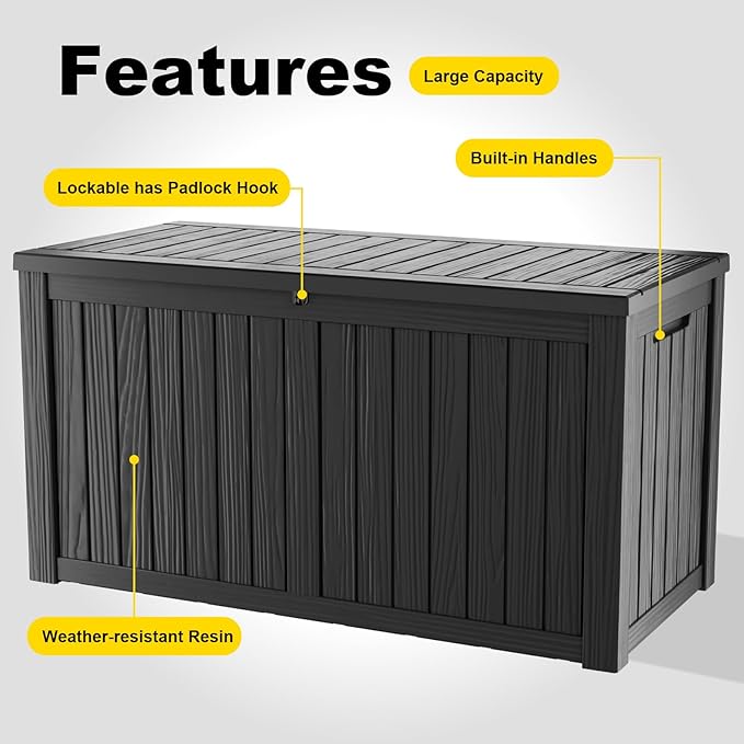 DRATO 180 Gallon Outdoor Storage Box, Large Waterproof Deck Box, Lockable Resin Storage Container with Reinforced Support for Patio Cushions, Garden Tools, UV-Resistant Outdoor Chest（Black）