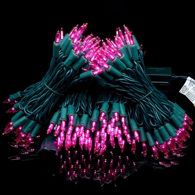 YULETIME 200 Count Pink LED Christmas Lights, 66 Feet Green Wire UL Certified Commercial Grade Holiday String Light Set (Pink)