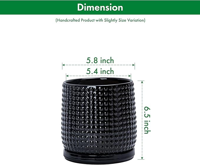 D'vine Dev Set of 2 Ceramic Plants Pots, 6 Inch Beaded Stoneware Flower Pot for Plants with Drainage Hole and Saucer, Glossy Black, 27-E-X-2