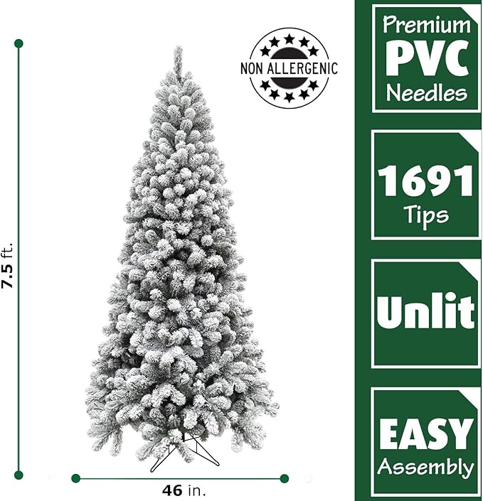 Fraser Hill Farm 7.5-Ft. Alaskan Pine Flocked Artificial Christmas Tree with Stand, Unlit Foldable Fake Tree with Realistic Snowy Foliage for Home Decoration