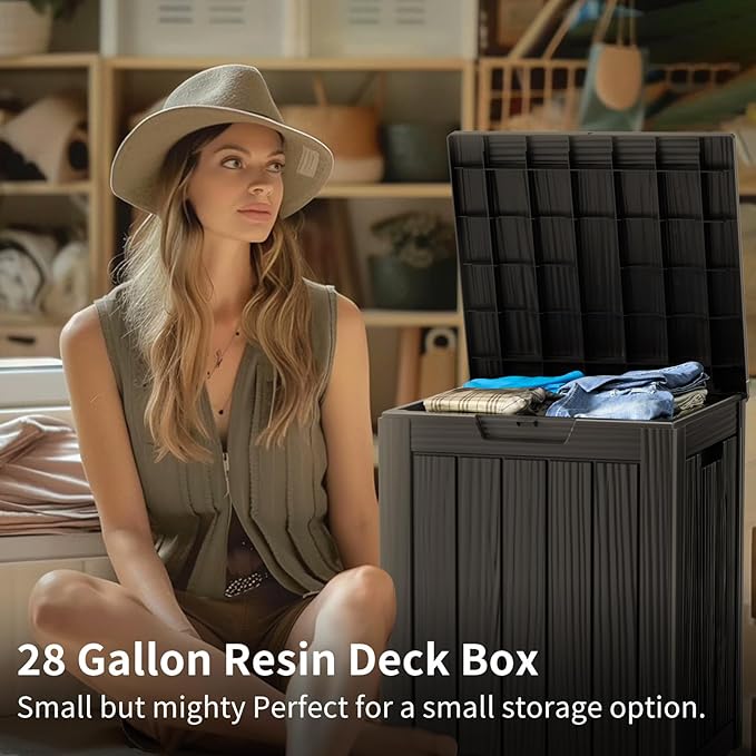 28 Gallon Waterproof Resin Deck Box, Lockable Outdoor Storage Box for Patio Furniture, Garden Tools, UV Resistant, and Multi-Functional (Black)