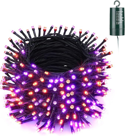 LYHOPE Orange & Purple Halloween Lights, 72ft 200 LED Battery Operated Halloween String Lights with 8 Modes, Waterproof Battery String Light for Outdoor & Indoor, Patio, Lawn, Yard, Holiday Decor