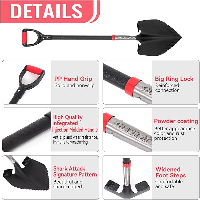 SHARK ATTACK Heavy Duty Garden Shovel 43.3 inch with D-Grip Handle, 6.3'' Serrated Steel Blade for Digging and Landscaping, Beach Shovel, Car Snow Shovel