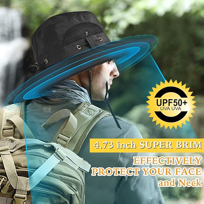 Wide Brim Fishing Sun Hat for Men Women, UPF 50+ Waterproof Bucket Boonie Hat Hiking Camping Safari Garden Beach