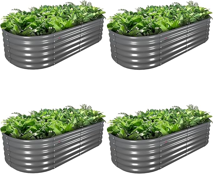 A ANLEOLIFE 4 Pcs 6X2X1.5 ft Oval Round Galvanized Raised Garden Beds Outdoor for Planting Vegetables Flowers Herb, Quartz Grey
