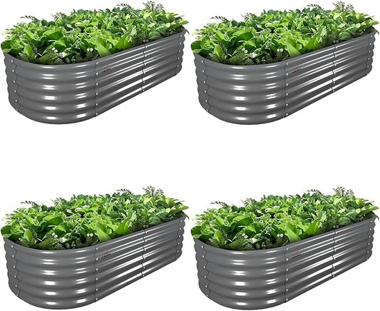 A ANLEOLIFE 4 Pcs 6X2X1.5 ft Oval Round Galvanized Raised Garden Beds Outdoor for Planting Vegetables Flowers Herb, Quartz Grey