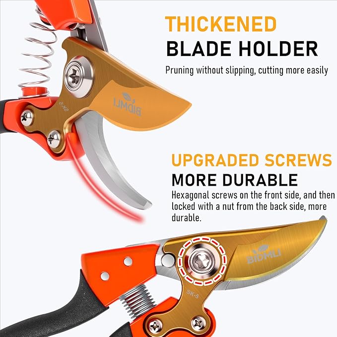 Heavy Duty Pruning Shears，Garden Scissors & Clippers with Red-BIDMLI 8.66" SK5 Steel Blades & Aluminum Alloy Handles, Tree Branch Cutter, Ideal for Thick Branches, Dry Twigs, Flower Pruning Tool.