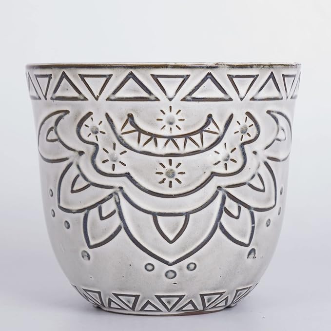 VanEnjoy 5.9 inch Round Bohemian Style Ceramic Planter, Geometry Engrave Off White Brown Succulent Planter Flower Pot, Indoor Outdoor Decorative Planter