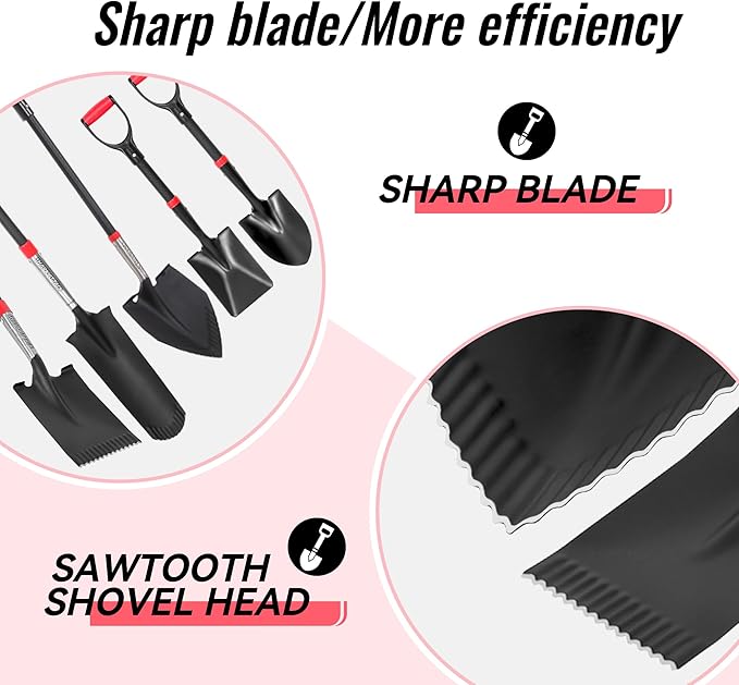 SHARK ATTACK 5-Piece Steel Shovel Set with D-Grip Handles - Multi-Size Garden Shovels with Powder Coating for Digging, Planting & Car Emergency