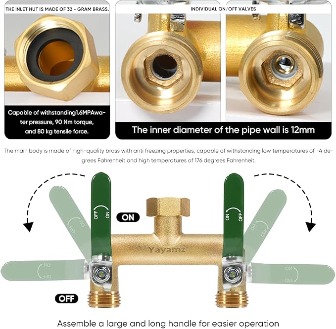 Garden Hose Splitter, 3/4” Rust and Freeze Resistant Outdoor Hose Manifold with 2 Green Extra Long Handles Faucet Adapter-Heavy Duty Brass 2-Way Valve