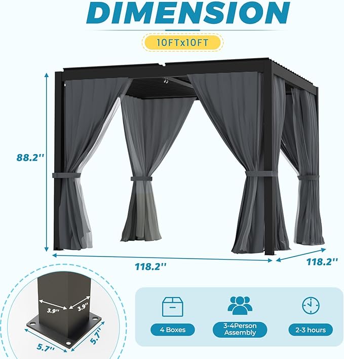 LVUYOYO Outdoor Louvered Pergola 10' x 10', Aluminum Pergola with Adjustable Roof, Waterproof Metal Gazebo with Curtains and Netting for Patio, Backyard, Garden, Deck (Black)