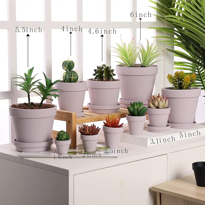 Yishang Large Terra Cotta Pots with Saucer- 6 Pack Large 6'' Terra Cotta Plant Pot with Drainage Hole, Flower Pot with Tray, Terracotta Pot for Indoor Outdoor Plant(Purplr)