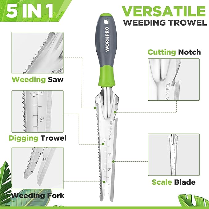 WORKPRO Hand Weeder Puller, 5-in-1 Stainless Steel Garden Trowel with Soft Handle, Gardening Weeding Tool for Easy Weeder Removal, Planting, Weeding, Flower & Vegetable Care in Garden Lawn Yard