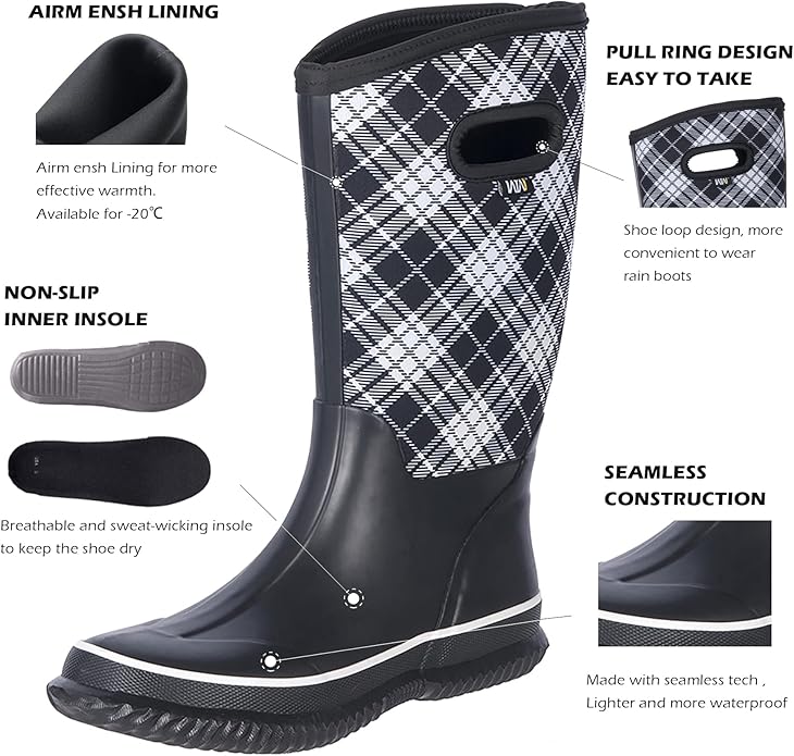 WTW Mid Calf Rain Boots for Women - Waterproof Insulated Neoprene Mud Boots Outdoor Hunting Garden Boots