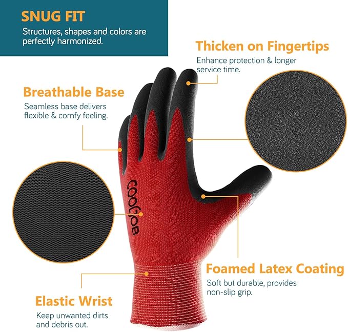 COOLJOB Gardening Gloves for Men, 2 Pairs Breathable Rubber Coated for Garden Weeding Landscaping, Outside Work for Lawn Yard, Men's Large Size, Black & Red