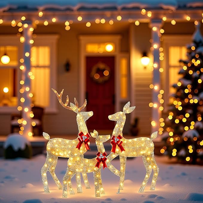 YULETIME 3-Piece Pre-lit 2D Christmas Reindeer Family, Lighted Glitter Christmas Deer Holiday Decoration with Warm White LED Lights
