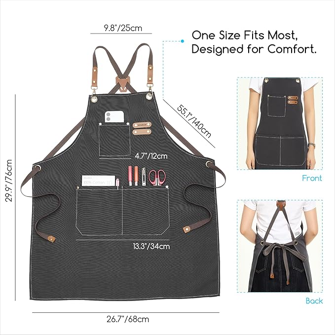 MEEDEN Painting Apron for Men Women: Adjustable Cross Back Waterproof Polyester Canvas Art Apron with 3 Pockets - Artist Apron for Acrylic Oil & Watercolor Painting, Gardening, Cooking - Taupe