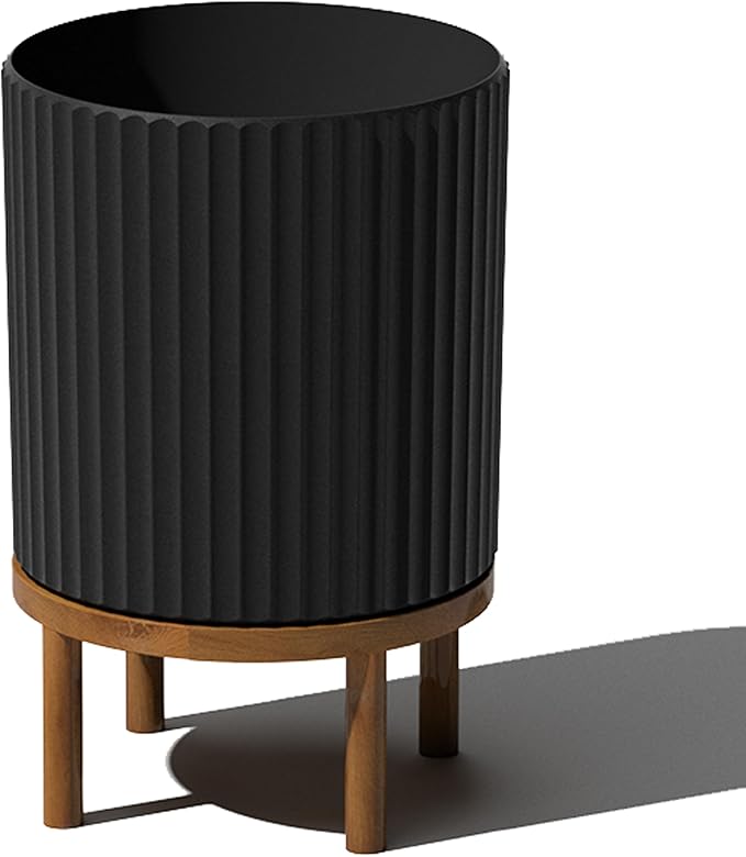 Veradek Demi Series Round Planter w/ Stand for Porch/Patio | Durable Plastic-Concrete & Wooden Stand | Modern Décor for Tall Plants, Flowers