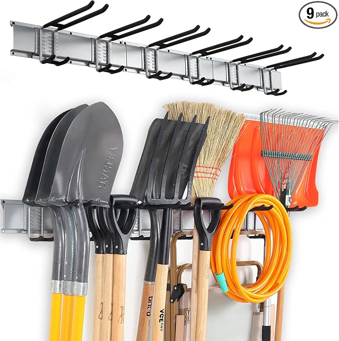 Wall Mount Tool Storage Rack, Garage Organization, Heavy Duty Garage Storage Tool Organizer, Garden Tool Wall Hooks and Hangers, Hold Up to 350lbs Grey