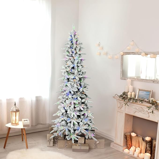 Fraser Hill Farm 7.5-Ft Slim Mountain Pine Flocked Artificial Christmas Tree with Dual Multicolor & White LED Lights & Stand, Prelit Skinny Fake Tree with Realistic Snowy Foliage, Home Holiday Décor