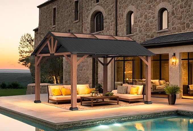 Macrout 13'x15' Hardtop Gazebo with Gabel Roof Canopy and Aluminium Frame, Outdoor Grill Gazebo Pergola for Patio, Backyard and Party, 4967 (Gable Roof + Brown Frame, 13'x15')