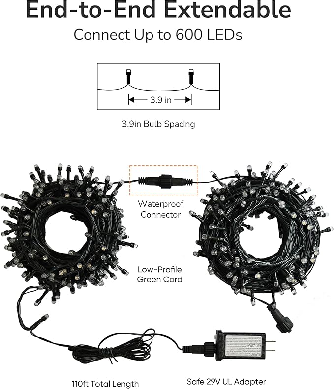 ULG Upgraded 2-Pack 186FT 500 LED Christmas String Lights, Extendable Waterproof Fairy Lights with Memory Function, 8 Modes, Bubble Bulbs, Warm White, Adapter Included for All Decor