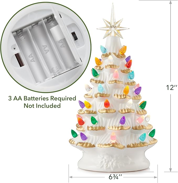 Casafield Hand Painted Ceramic Christmas Tree, White 12-Inch Pre-Lit Tree with 100 Multi Color Lights and 2 Star Toppers