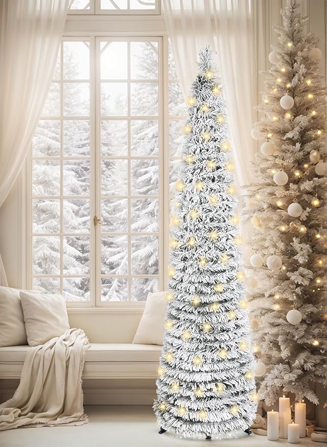 HMASYO 5 FT Pop Up Christmas Tree with Timer Lights, Collapsible Snow Flocked Pencil Christmas Tree, Artificial Slim Xmas Tree for Indoor Home Apartment Porch Holiday Party Decorations