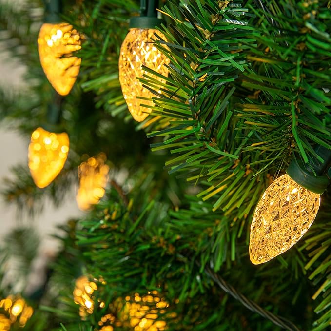 AWQ 50LED 49 FT C9 Christmas String Lights Plug in Fairy Twinkle String Lights 8 Modes Timer Function Waterproof Extendable for Indoor Outdoor Wedding Party Christmas Decoration (50, Warm White)