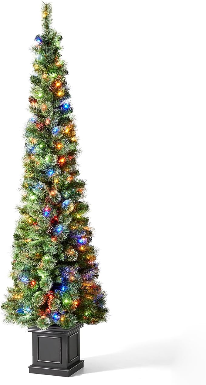 Glitzhome 7 FT Pre-Lit Artificial Christmas Tree, Lighted Entrance Tree Green Pine Christmas Porch Tree with 200 Warm White Lights,9 Functional Warm White/Multi-Color, Remote Controller