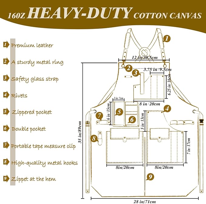 Woodworking Apron, Tool Apron, Canvas, Multiple Pockets, Adjustable Zipper, Metal Ring, Tape Measure Clip, Plus Size, Khaki.