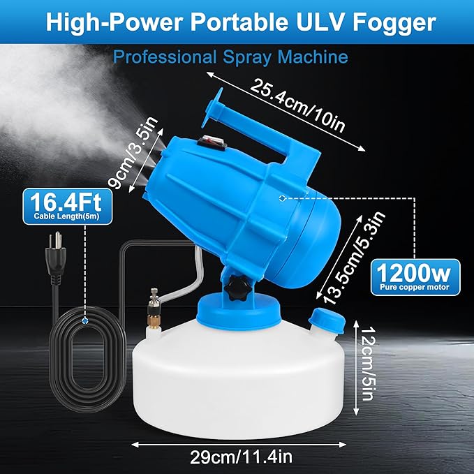 5L (1.3 Gallon) Electric ULV Fogger Sprayer Machine with 3 Nozzles, Portable Cold Fogger with Adjustable Flow Rate, 30ft Spraying Distance for Home, School, Hotel, Church, Garden, Yard