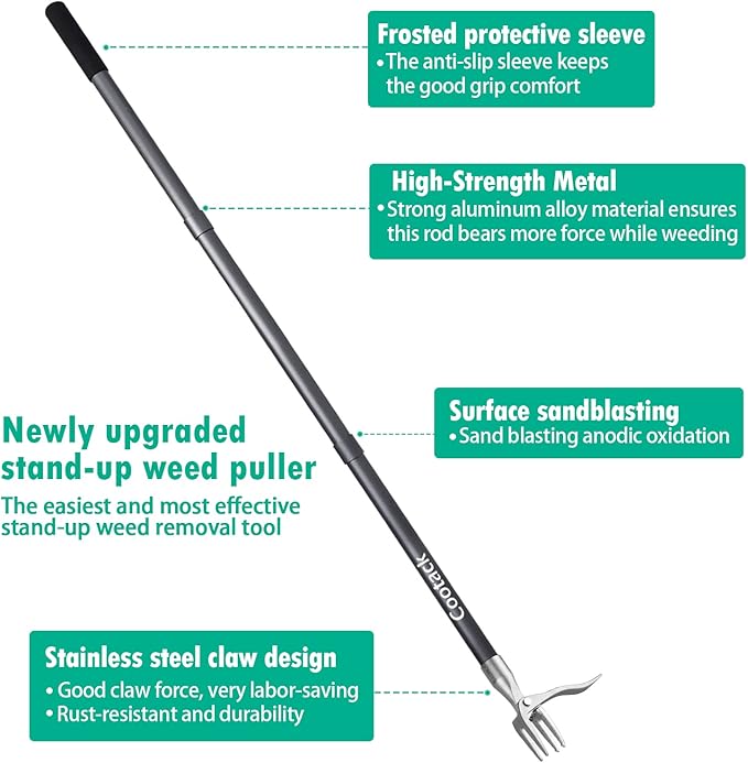 52'' Weed Puller with Long Handle Stand-up Hand Weeder Manual Weeding Tool with Stainless Steel Claw for Garden/Yard/Lawn, Weed Remove Without Bending or Kneeling