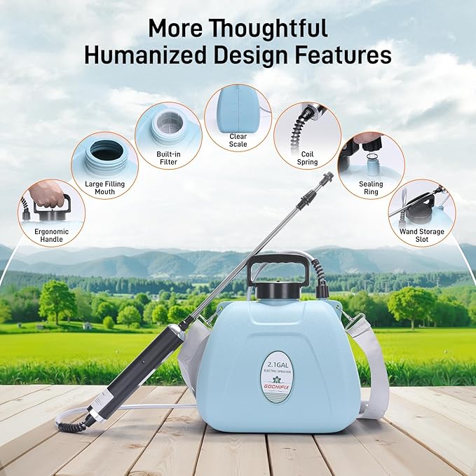 Electric Garden Sprayer 2.1 Gallon, 4 Mist Nozzles, Telescopic Wand, Adjustable Shoulder Strap, USB Rechargeable Waterproof Handle, Automatic Plant Mister for Lawn Garden