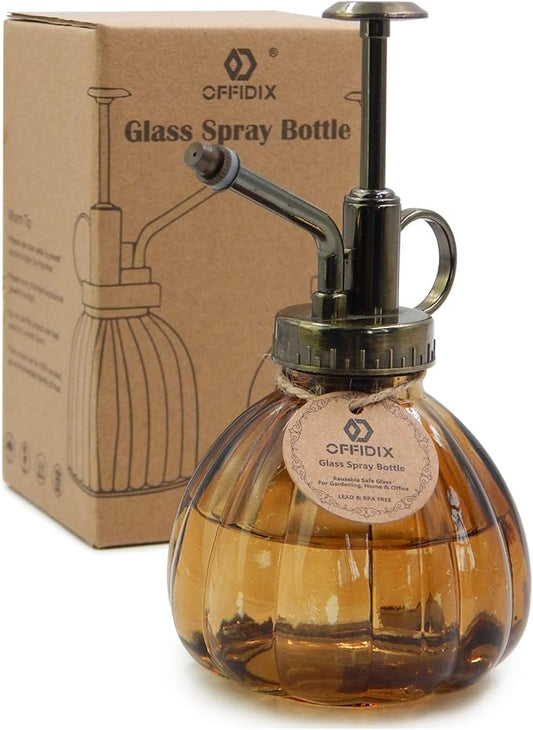 OFFIDIX Glass Watering Spray Bottle,Plant Mister Flower Water Spray Bottle Can Pot 6.3" Tall Vintage Pumpkin Style Spritzer Bronze Plastic Top Pump One Hand Glass Watering Can Indoor(Brown)